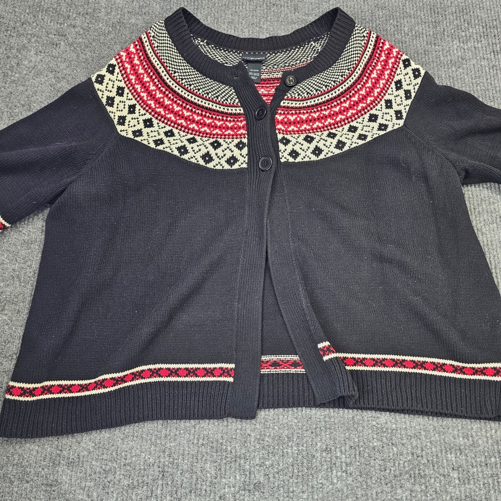 Lane Bryant Cardigan Women 18/20W Black Fair Isle Short Sleeve Button Up Sweater